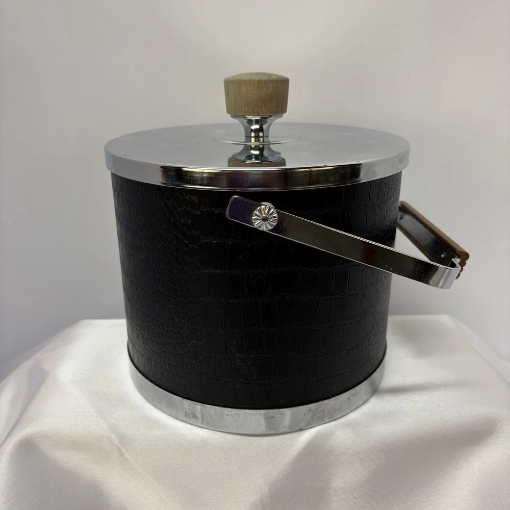 Atapco Ice Bucket Alligator Faux Black Leather Chrome Lid Wooden handle‎ Vintage